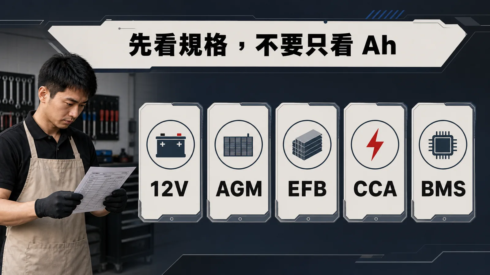 先確認 12V、CCA、電瓶型式與 BMS，不要只看 Ah。