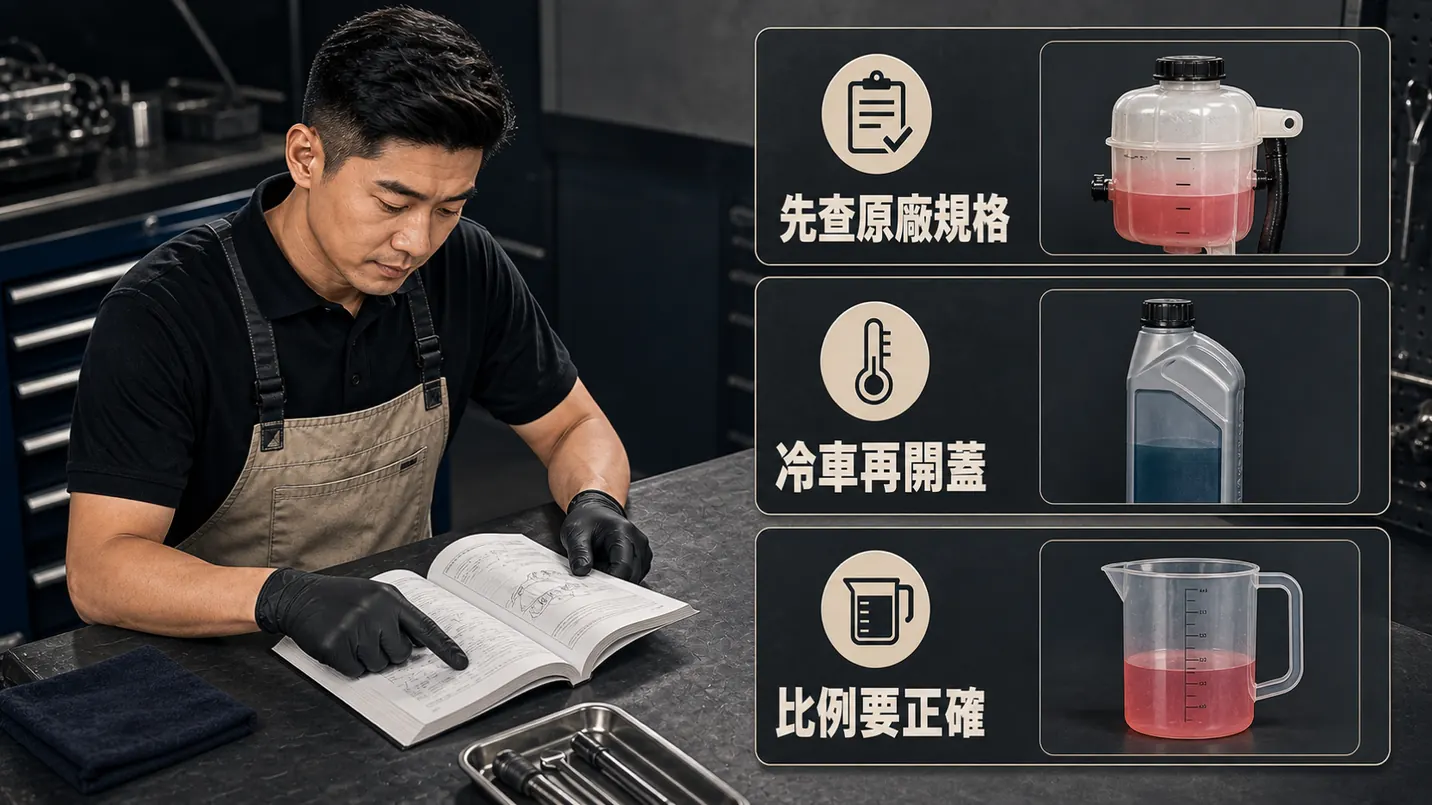 先核對手冊指定冷卻液型式與是否允許緊急補水