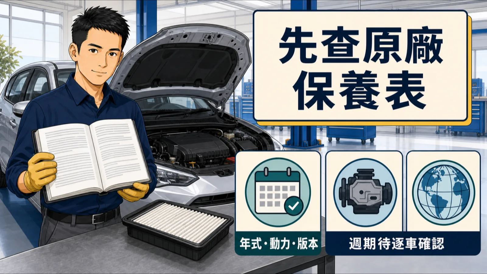 查閱車主手冊與原廠保養表，核對年式、動力與市場版本