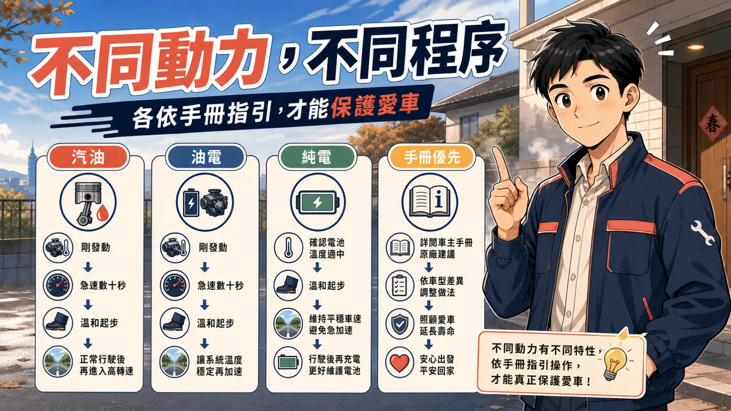 油電、怠速熄火與純電車要依各自系統與手冊操作