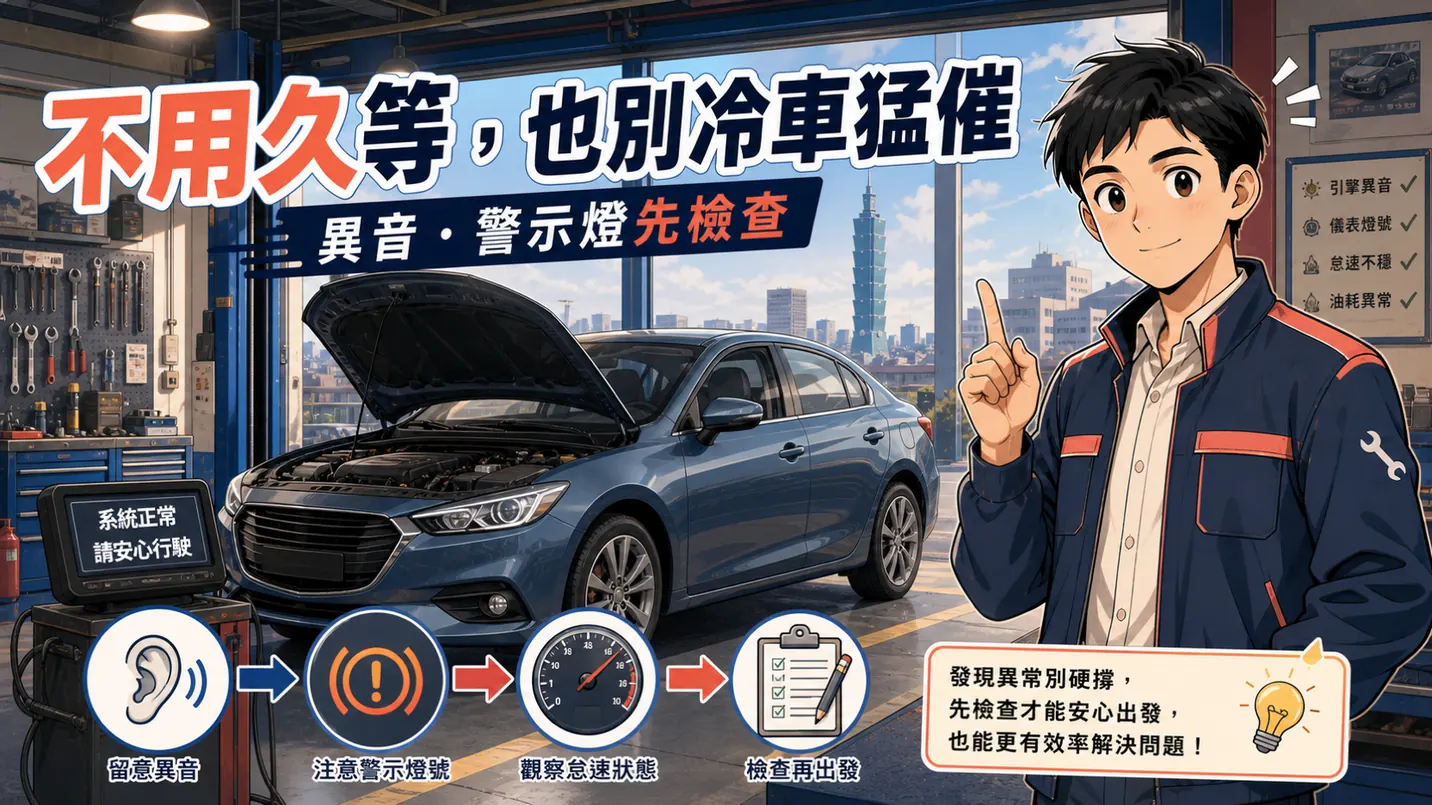 警示燈不熄、異音或抖動時，不要把等待當成熱車