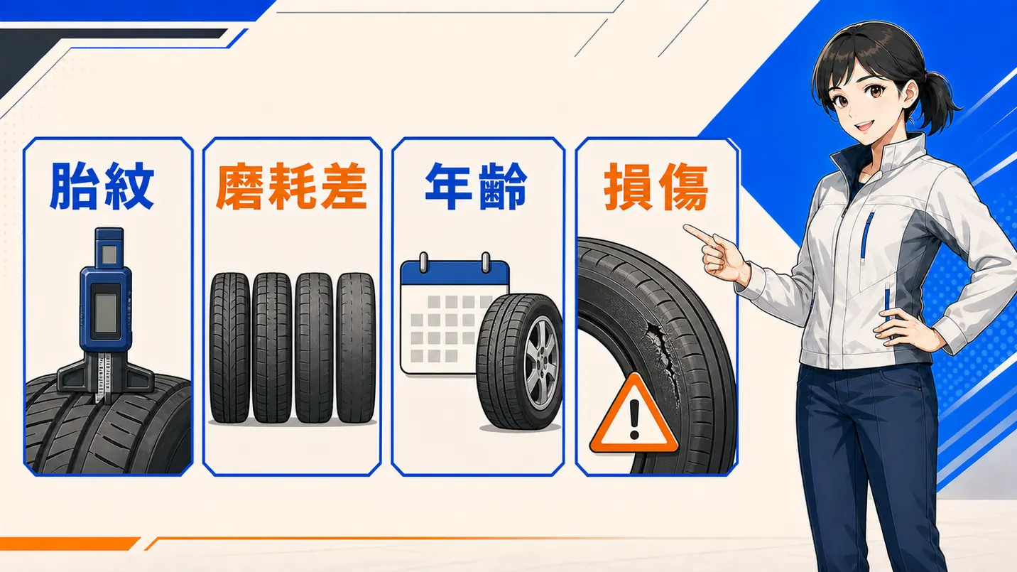 更換決策要看胎紋、磨耗差、年齡與損傷