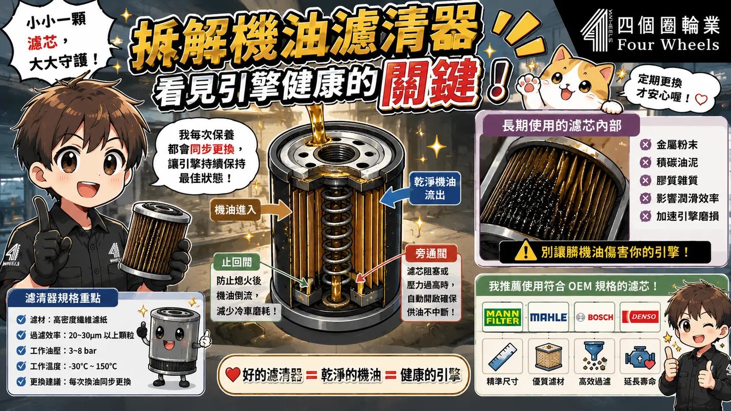 機油濾清器拆解與污染物示意