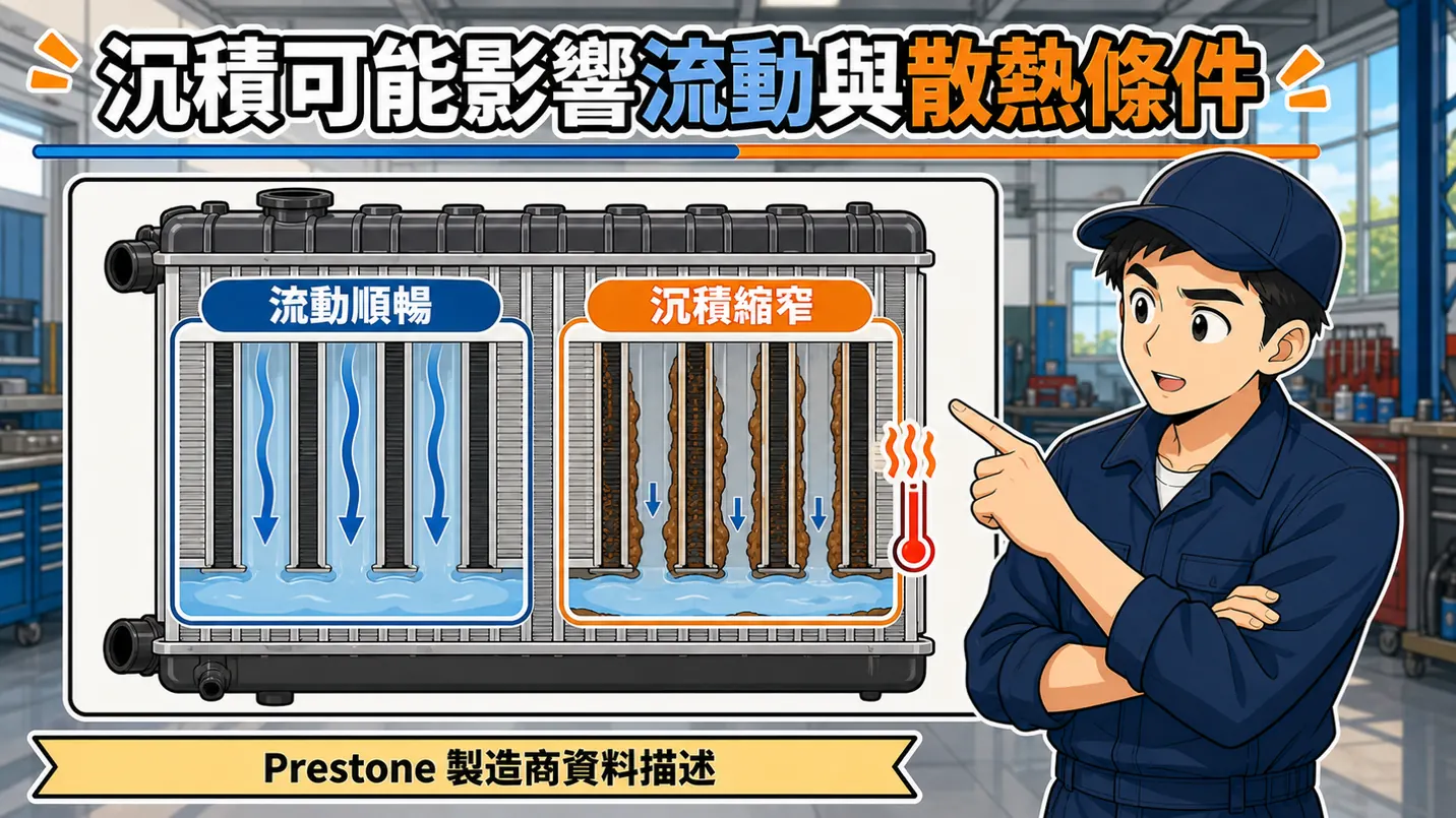 沉積可能影響冷卻液流動與散熱條件的漫畫技術圖