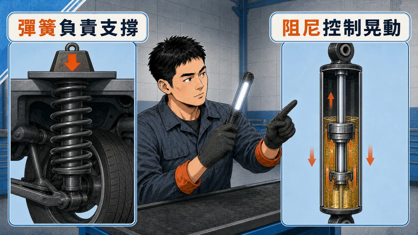 彈簧支撐車重，阻尼控制反覆晃動