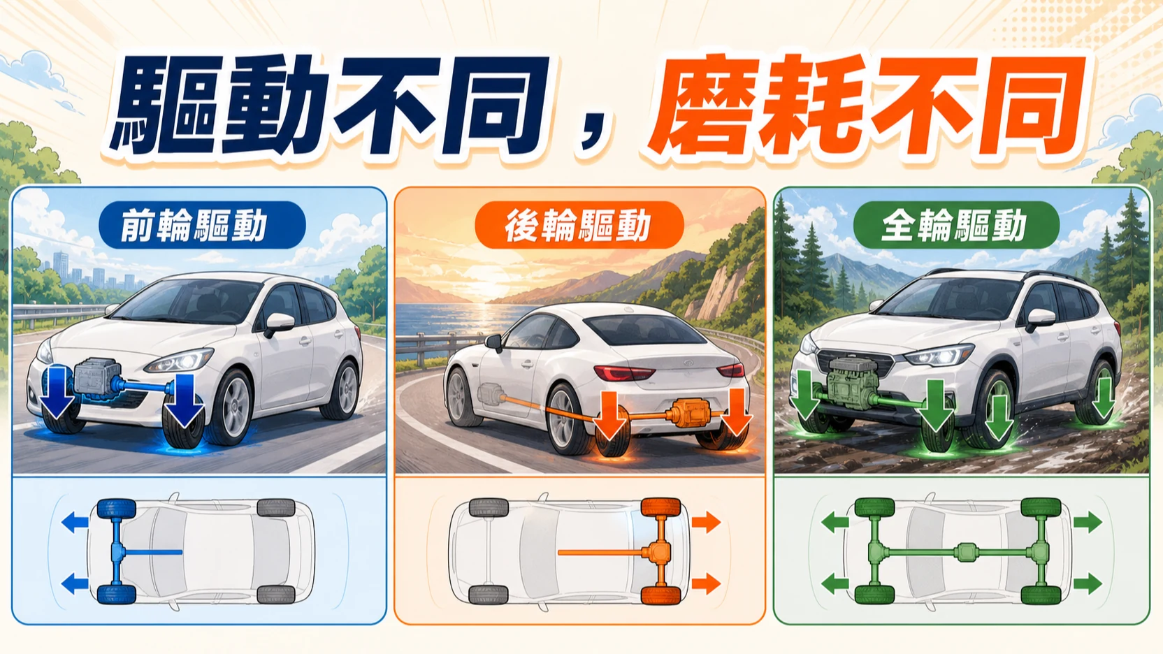 前輪、後輪與全輪驅動的受力及磨耗差異