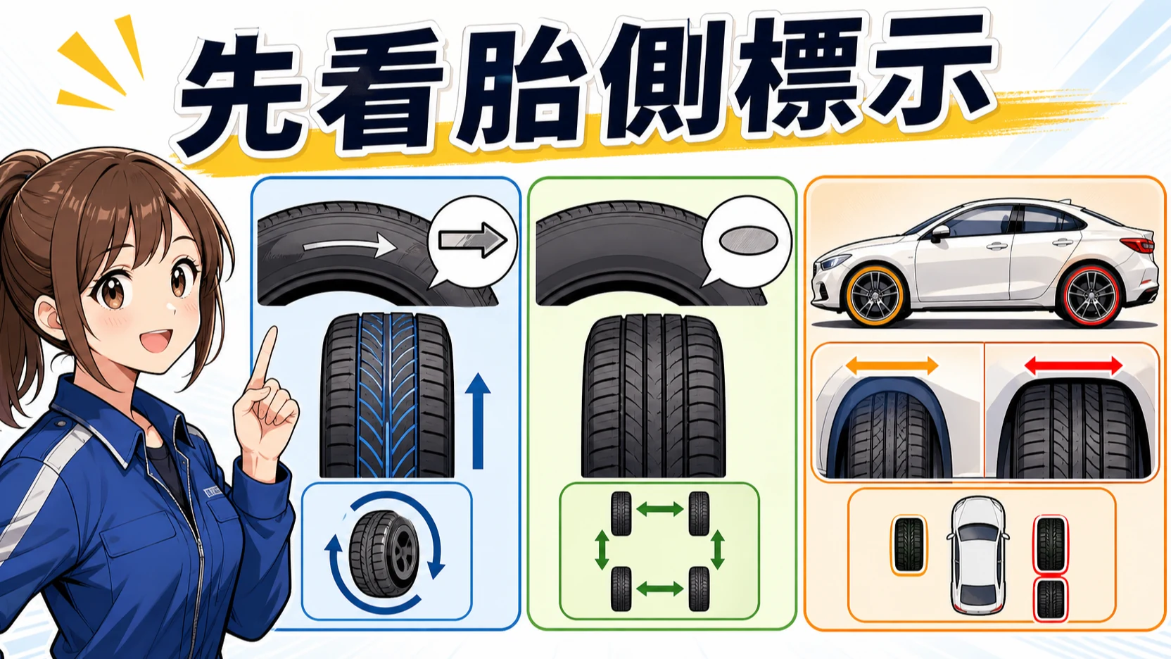 方向胎、非方向胎與前後配的胎側辨識示意