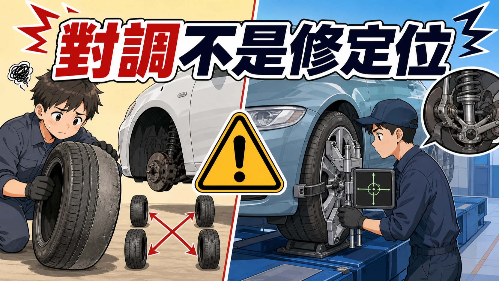 輪胎對調不能修正定位與底盤造成的偏磨