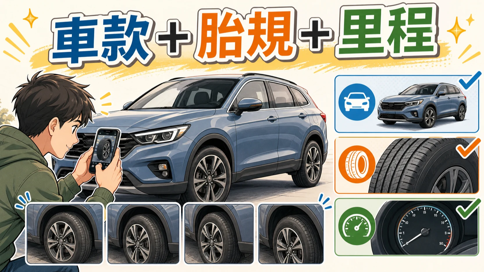 提供車款、胎規、里程與四輪照片以判斷對調條件