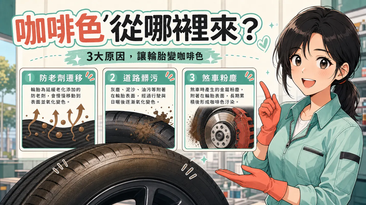 胎邊褐化可能來自保護劑遷移、道路髒污或煞車粉塵