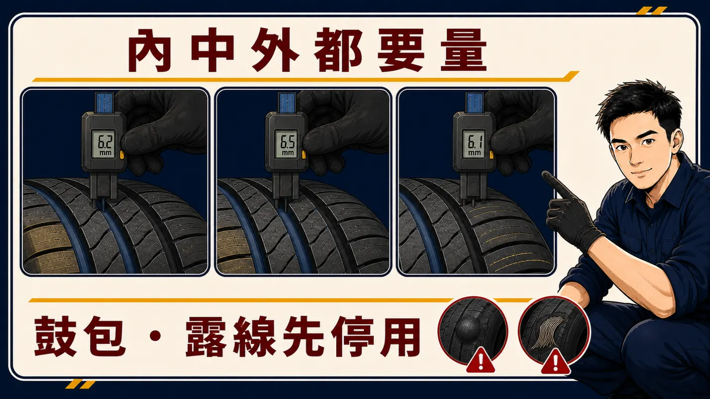 量內中外胎紋，結構損傷優先處理