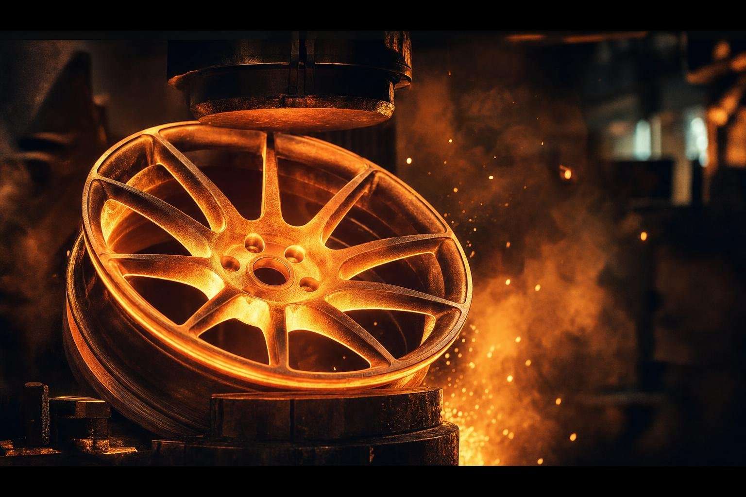 鍛造鋁框拋光特寫，刻字 6061-T6 ROTARY FORGED，爐火光與火花